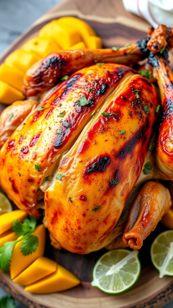 Grilled turkey marinated in mango-habanero sauce, garnished with herbs and served with mango and lime.